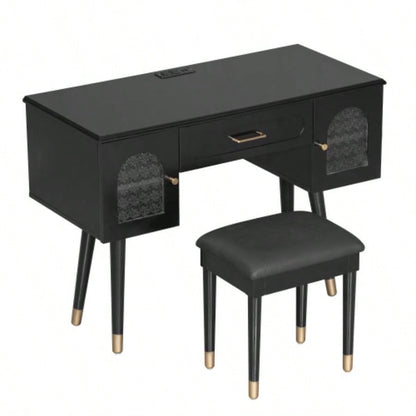 Elegant Vanity Makeup Table Chair Set, Modern Dressing Table with Organizer, Writing Desk, Charging Port, Black