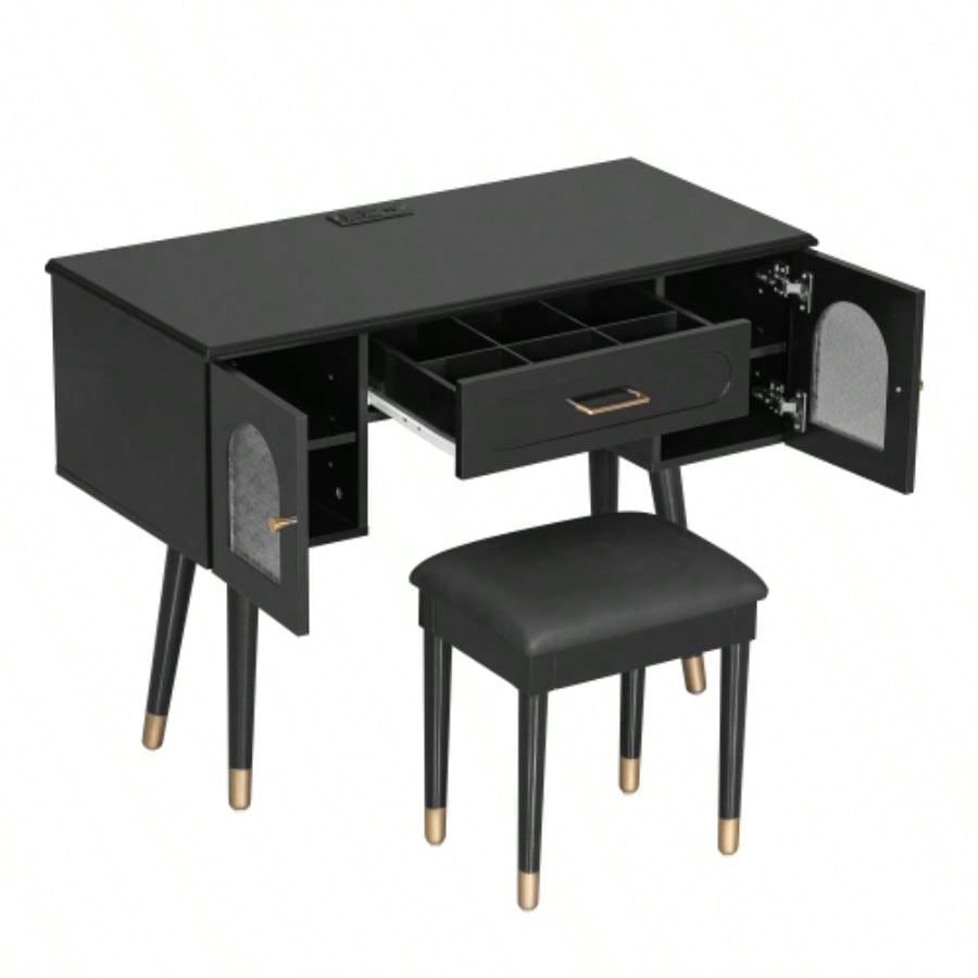 Elegant Vanity Makeup Table Chair Set, Modern Dressing Table with Organizer, Writing Desk, Charging Port, Black