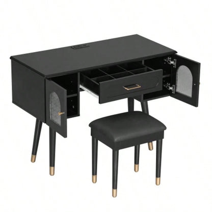 Elegant Vanity Makeup Table Chair Set, Modern Dressing Table with Organizer, Writing Desk, Charging Port, Black