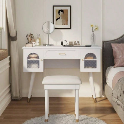 Elegant Vanity Makeup Table Chair Set, Modern Dressing Table with Organizer, Writing Desk, Charging Port, Black