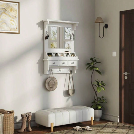 Floating Makeup Vanity with Big Mirror, Wall - Mounted Storage Vanity with Drawers, Pockets Hooks, Space - Saving Decorative Home Organizer Small Space, White