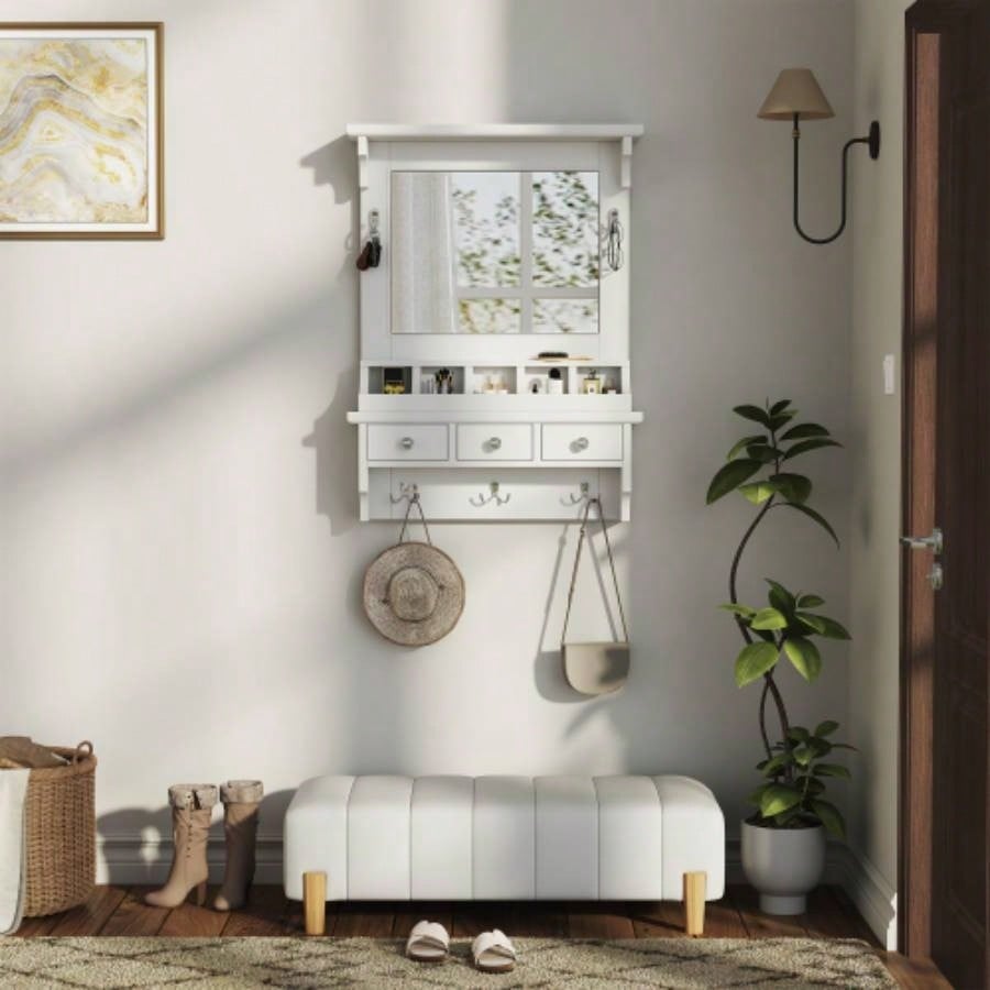 Floating Makeup Vanity with Big Mirror, Wall - Mounted Storage Vanity with Drawers, Pockets Hooks, Space - Saving Decorative Home Organizer Small Space, White