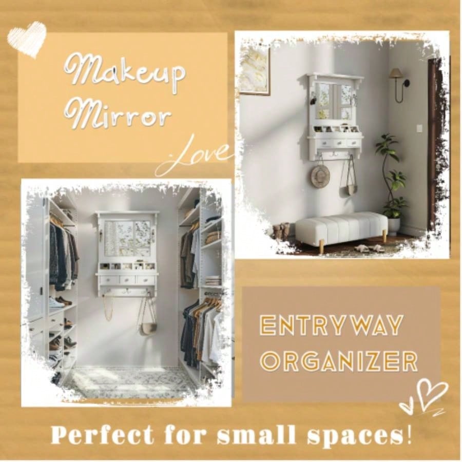 Floating Makeup Vanity with Big Mirror, Wall - Mounted Storage Vanity with Drawers, Pockets Hooks, Space - Saving Decorative Home Organizer Small Space, White