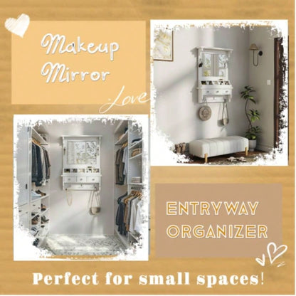 Floating Makeup Vanity with Big Mirror, Wall - Mounted Storage Vanity with Drawers, Pockets Hooks, Space - Saving Decorative Home Organizer Small Space, White