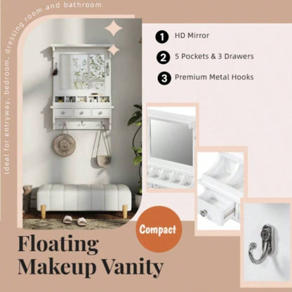 Floating Makeup Vanity with Big Mirror, Wall - Mounted Storage Vanity with Drawers, Pockets Hooks, Space - Saving Decorative Home Organizer Small Space, White