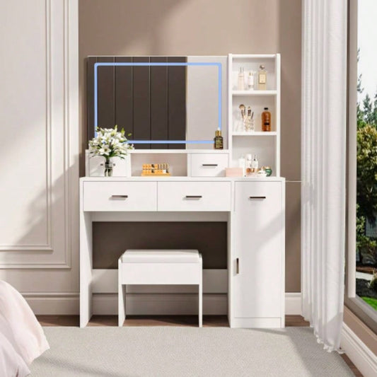 White dressing table with LED 3 - color illuminated mirror and power outlet, dressing table with drawers, storage box and shelf, dressing table with bedroom cushioned stool
