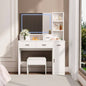 White dressing table with LED 3 - color illuminated mirror and power outlet, dressing table with drawers, storage box and shelf, dressing table with bedroom cushioned stool