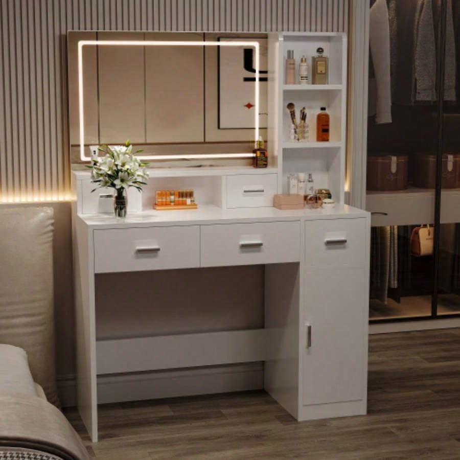 White dressing table with LED 3 - color illuminated mirror and power outlet, dressing table with drawers, storage box and shelf, dressing table with bedroom cushioned stool