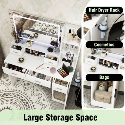 White dressing table with LED 3 - color illuminated mirror and power outlet, dressing table with drawers, storage box and shelf, dressing table with bedroom cushioned stool