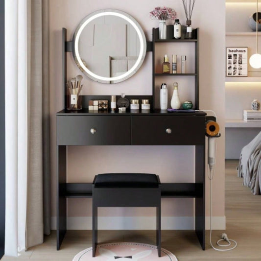 17 Round LED Mirror Vanity Table+Cushioned Stool, Equipped With 2 AC+2 USB Power Socket, Big Mirror, Switch, 3 Colors, Adjustable Brightness, Large Desktop, Multi - layer High Capacity Storage