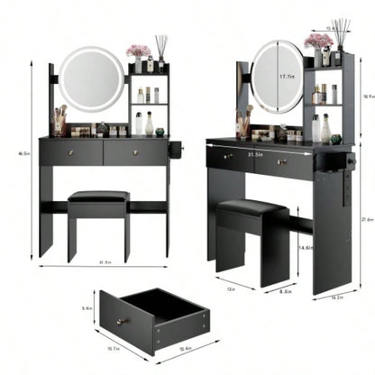 17 Round LED Mirror Vanity Table+Cushioned Stool, Equipped With 2 AC+2 USB Power Socket, Big Mirror, Switch, 3 Colors, Adjustable Brightness, Large Desktop, Multi - layer High Capacity Storage