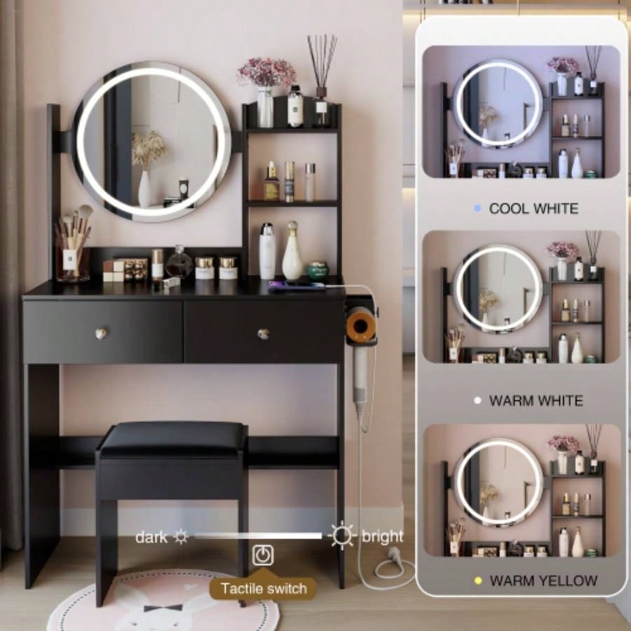 17 Round LED Mirror Vanity Table+Cushioned Stool, Equipped With 2 AC+2 USB Power Socket, Big Mirror, Switch, 3 Colors, Adjustable Brightness, Large Desktop, Multi - layer High Capacity Storage