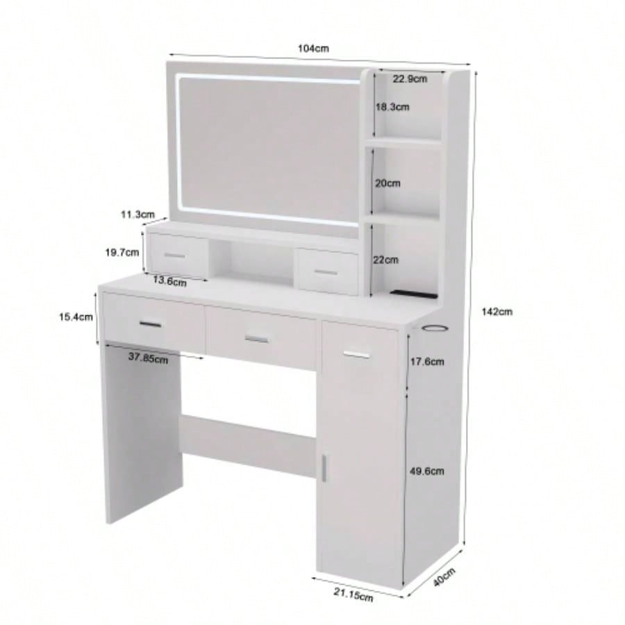 White dressing table with LED 3 - color illuminated mirror and power outlet, dressing table with drawers, storage box and shelf, dressing table with bedroom cushioned stool