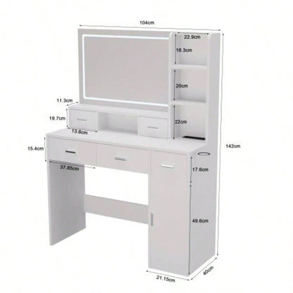 White dressing table with LED 3 - color illuminated mirror and power outlet, dressing table with drawers, storage box and shelf, dressing table with bedroom cushioned stool