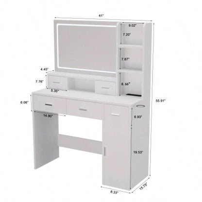 White dressing table with LED 3 - color illuminated mirror and power outlet, dressing table with drawers, storage box and shelf, dressing table with bedroom cushioned stool