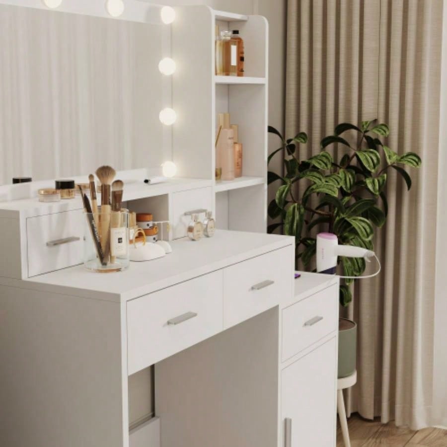 White dressing table with LED 3 - color illuminated mirror and power outlet, dressing table with drawers, storage box and shelf, dressing table with bedroom cushioned stool