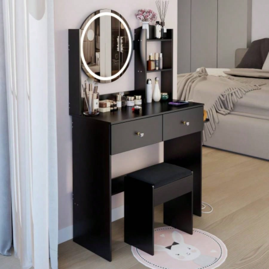 17 Round LED Mirror Vanity Table+Cushioned Stool, Equipped With 2 AC+2 USB Power Socket, Big Mirror, Switch, 3 Colors, Adjustable Brightness, Large Desktop, Multi - layer High Capacity Storage
