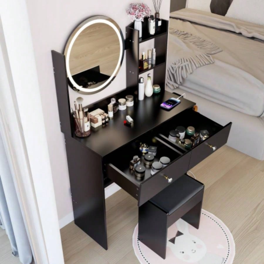 17 Round LED Mirror Vanity Table+Cushioned Stool, Equipped With 2 AC+2 USB Power Socket, Big Mirror, Switch, 3 Colors, Adjustable Brightness, Large Desktop, Multi - layer High Capacity Storage