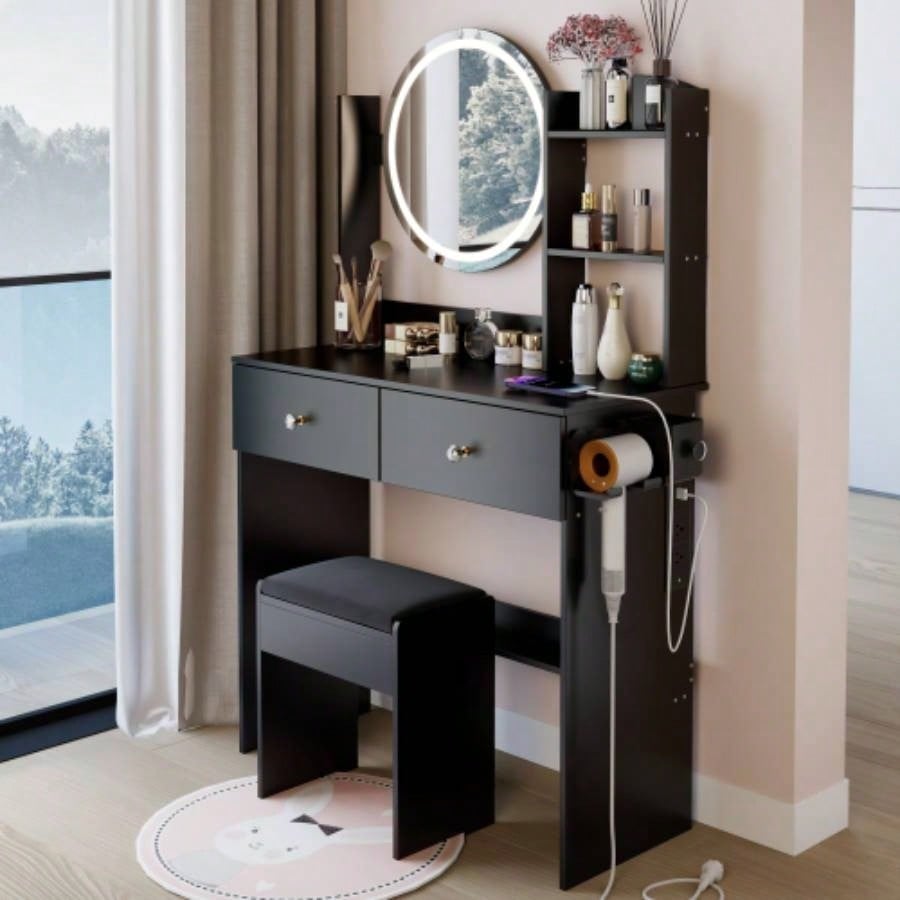 17 Round LED Mirror Vanity Table+Cushioned Stool, Equipped With 2 AC+2 USB Power Socket, Big Mirror, Switch, 3 Colors, Adjustable Brightness, Large Desktop, Multi - layer High Capacity Storage