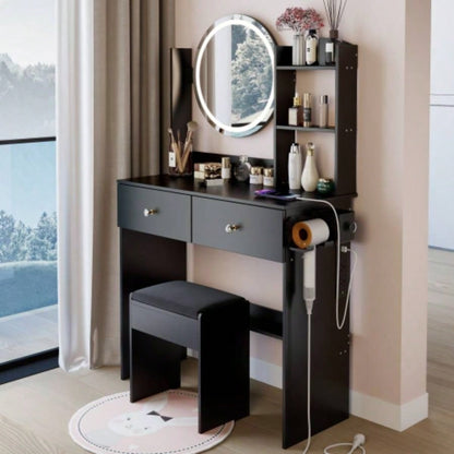 17 Round LED Mirror Vanity Table+Cushioned Stool, Equipped With 2 AC+2 USB Power Socket, Big Mirror, Switch, 3 Colors, Adjustable Brightness, Large Desktop, Multi - layer High Capacity Storage