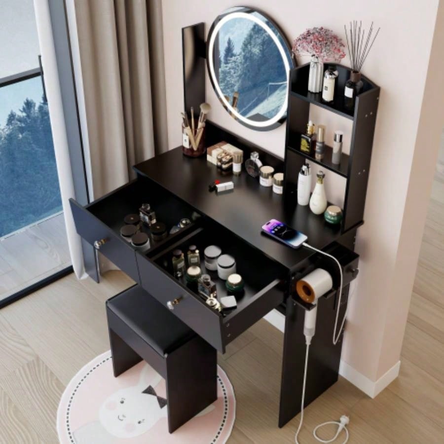 17 Round LED Mirror Vanity Table+Cushioned Stool, Equipped With 2 AC+2 USB Power Socket, Big Mirror, Switch, 3 Colors, Adjustable Brightness, Large Desktop, Multi - layer High Capacity Storage