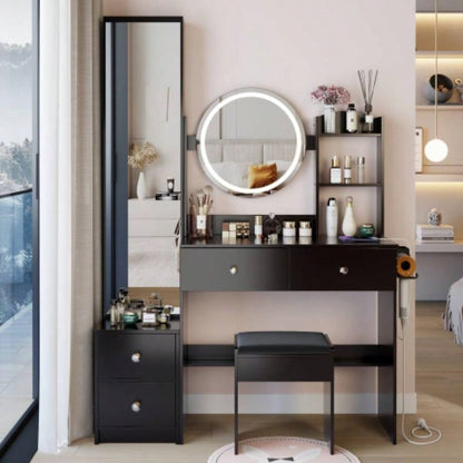 Full Body Mirror Cabinet+ Round Mirror LED Vanity Table+ Cushioned Stool, With 2 AC+ 2 USB Power Station, 17 diameter LED Mirror, Control, 3 - color, Brightness adjustable, Large Desktop