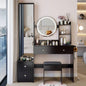 Full Body Mirror Cabinet+ Round Mirror LED Vanity Table+ Cushioned Stool, With 2 AC+ 2 USB Power Station, 17 diameter LED Mirror, Control, 3 - color, Brightness adjustable, Large Desktop