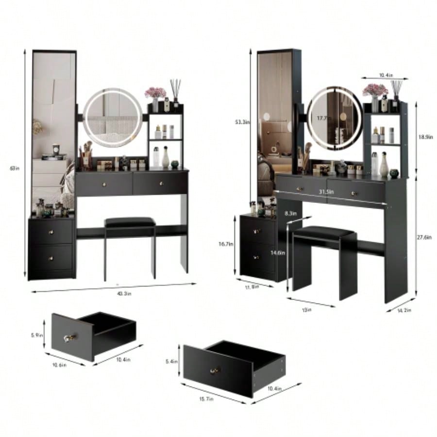 Full Body Mirror Cabinet+ Round Mirror LED Vanity Table+ Cushioned Stool, With 2 AC+ 2 USB Power Station, 17 diameter LED Mirror, Control, 3 - color, Brightness adjustable, Large Desktop