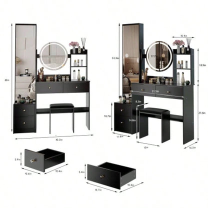 Full Body Mirror Cabinet+ Round Mirror LED Vanity Table+ Cushioned Stool, With 2 AC+ 2 USB Power Station, 17 diameter LED Mirror, Control, 3 - color, Brightness adjustable, Large Desktop