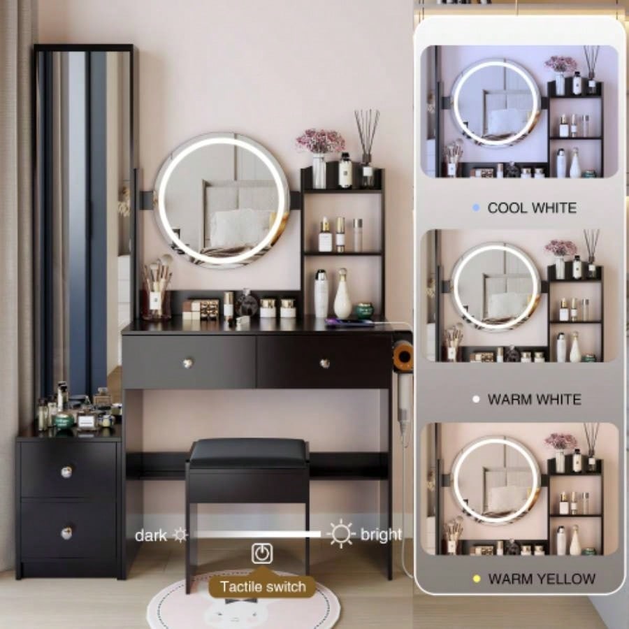 Full Body Mirror Cabinet+ Round Mirror LED Vanity Table+ Cushioned Stool, With 2 AC+ 2 USB Power Station, 17 diameter LED Mirror, Control, 3 - color, Brightness adjustable, Large Desktop
