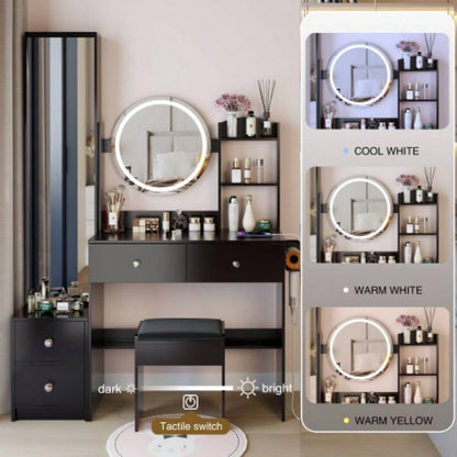 Full Body Mirror Cabinet+ Round Mirror LED Vanity Table+ Cushioned Stool, With 2 AC+ 2 USB Power Station, 17 diameter LED Mirror, Control, 3 - color, Brightness adjustable, Large Desktop