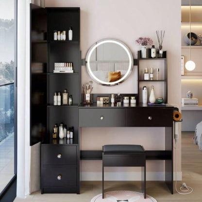 Full Body Mirror Cabinet+ Round Mirror LED Vanity Table+ Cushioned Stool, With 2 AC+ 2 USB Power Station, 17 diameter LED Mirror, Control, 3 - color, Brightness adjustable, Large Desktop