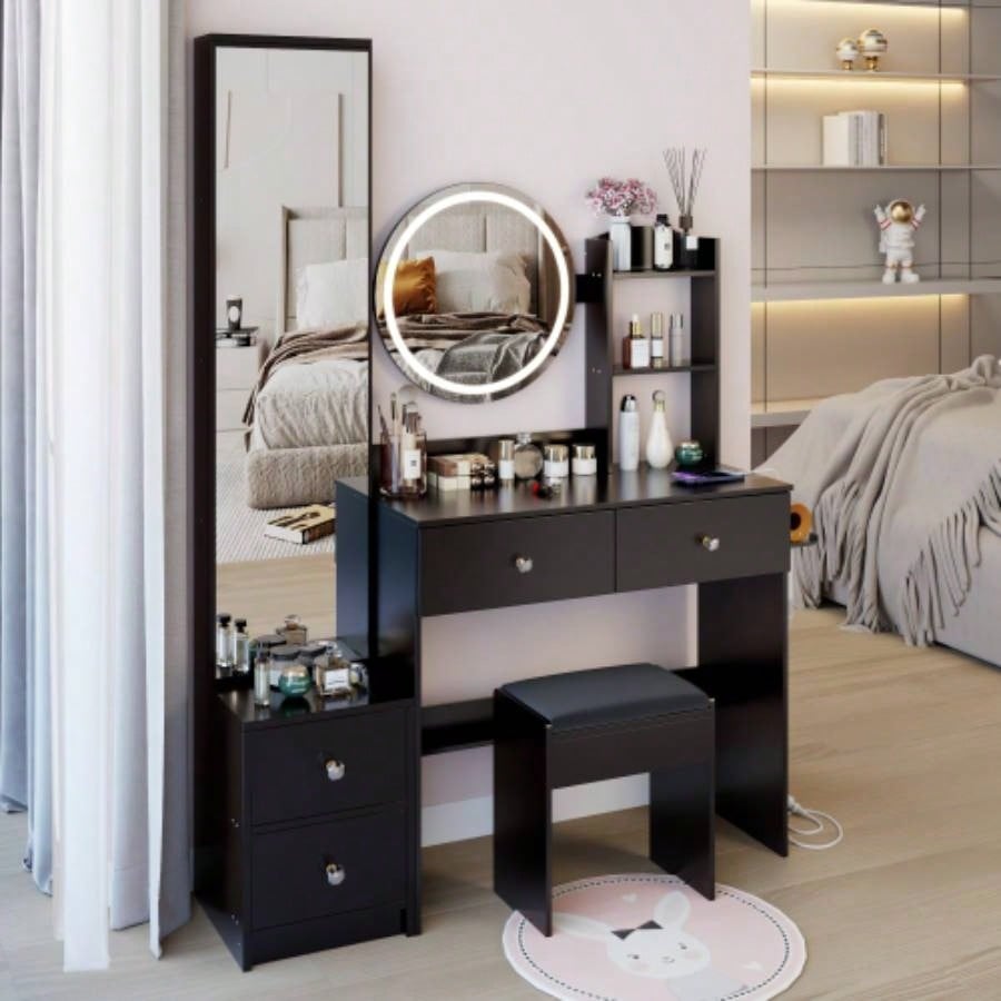 Full Body Mirror Cabinet+ Round Mirror LED Vanity Table+ Cushioned Stool, With 2 AC+ 2 USB Power Station, 17 diameter LED Mirror, Control, 3 - color, Brightness adjustable, Large Desktop