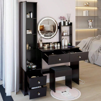 Full Body Mirror Cabinet+ Round Mirror LED Vanity Table+ Cushioned Stool, With 2 AC+ 2 USB Power Station, 17 diameter LED Mirror, Control, 3 - color, Brightness adjustable, Large Desktop