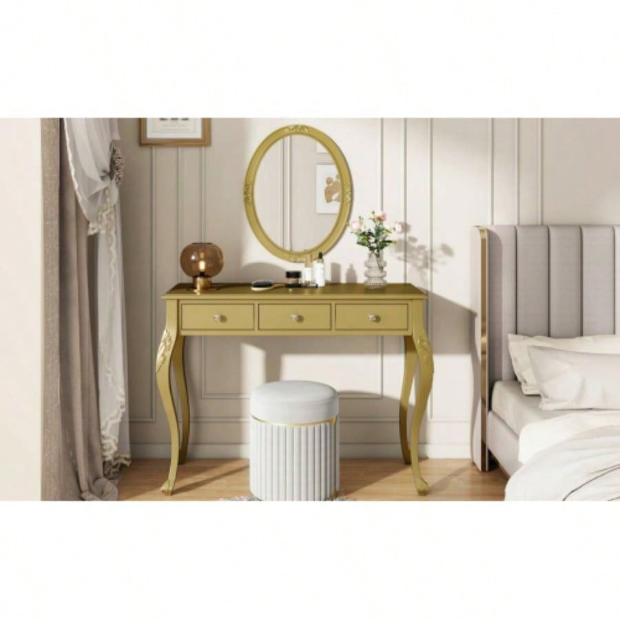 Luxury Makeup Vanity Desk with Oval Mirror, 3 - Drawer Dressing Table Jewelry Storage, Elegant Console Table Entryway, Living Room Bedroom, Stylish Home Decor, Gold