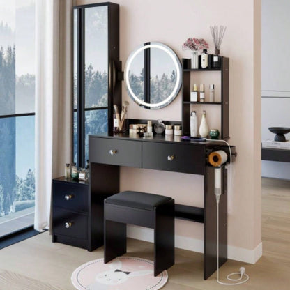 Full Body Mirror Cabinet+ Round Mirror LED Vanity Table+ Cushioned Stool, With 2 AC+ 2 USB Power Station, 17 diameter LED Mirror, Control, 3 - color, Brightness adjustable, Large Desktop