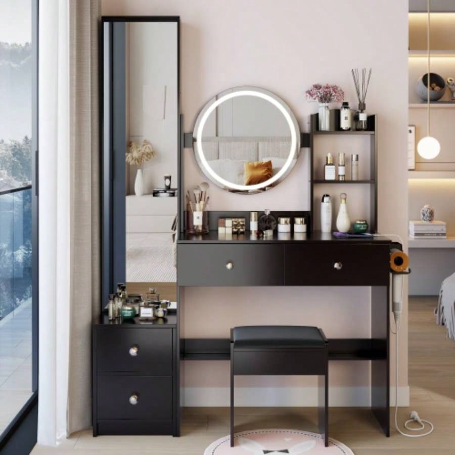 Full Body Mirror Cabinet+ Round Mirror LED Vanity Table+ Cushioned Stool, With 2 AC+ 2 USB Power Station, 17 diameter LED Mirror, Control, 3 - color, Brightness adjustable, Large Desktop