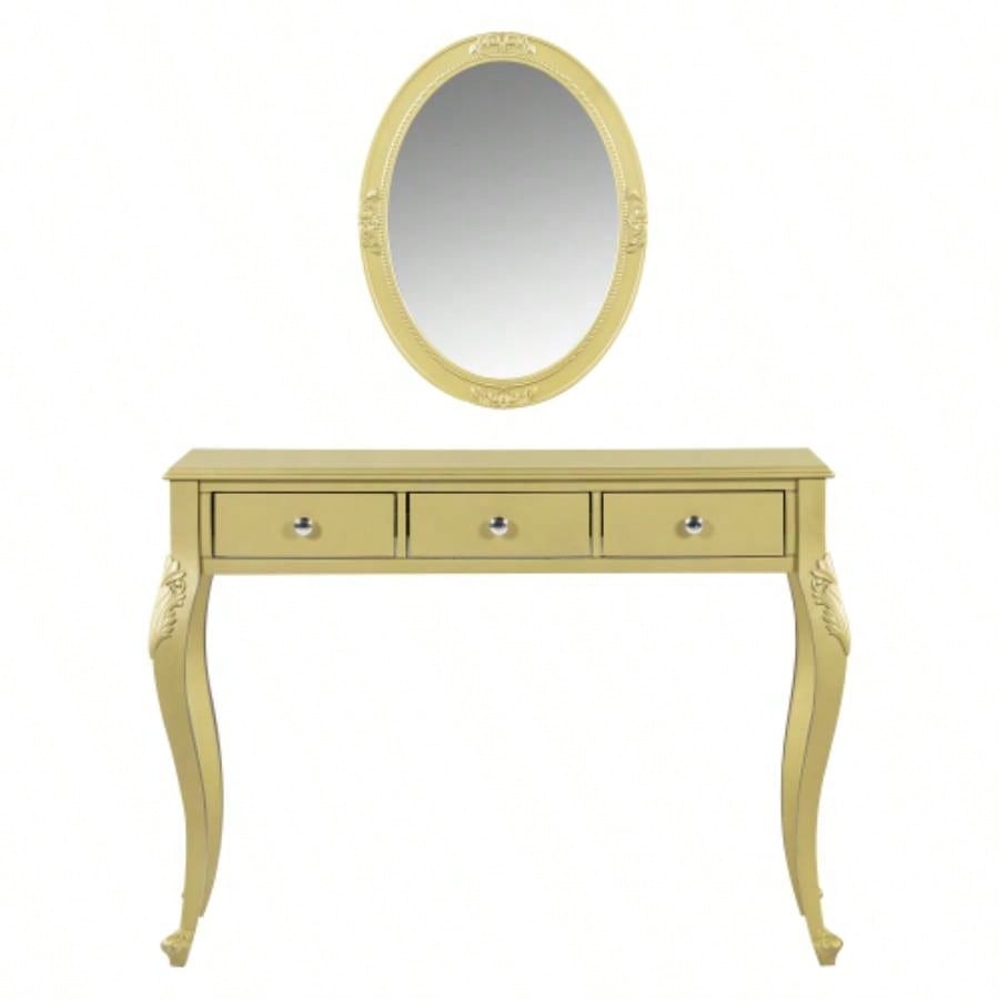 Luxury Makeup Vanity Desk with Oval Mirror, 3 - Drawer Dressing Table Jewelry Storage, Elegant Console Table Entryway, Living Room Bedroom, Stylish Home Decor, Gold