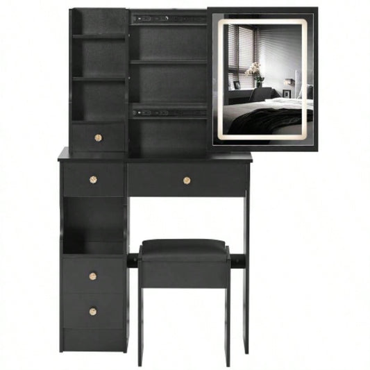 29.2 Small Size Left Drawer Desktop Vanity Table+ Cushioned Stool, Large Sliding, Control, Tri - color Switching, Brightness Adjust LED Mirror, High Capacity Storage, Suitable Small Space