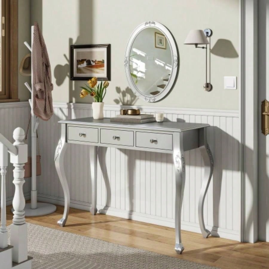 Luxury Makeup Vanity Desk with Oval Mirror, 3 - Drawer Dressing Table Jewelry Storage, Elegant Console Table Entryway, Living Room Bedroom, Stylish Home Decor, Gold
