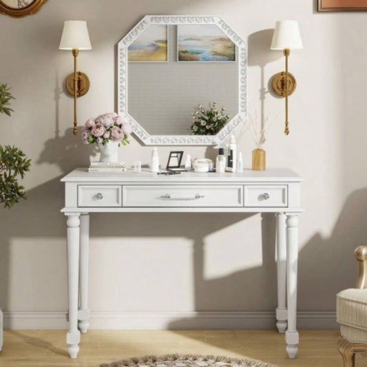 Retro Makeup Desk with Large Mirror, 3 - Drawer Dressing Table Jewelry Storage, Elegant Console Table Bedroom, Living Room, Hallway Foyer, White