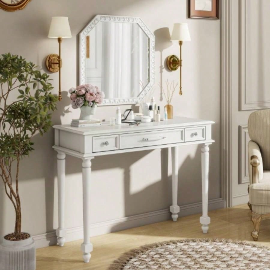 Retro Makeup Desk with Large Mirror, 3 - Drawer Dressing Table Jewelry Storage, Elegant Console Table Bedroom, Living Room, Hallway Foyer, White