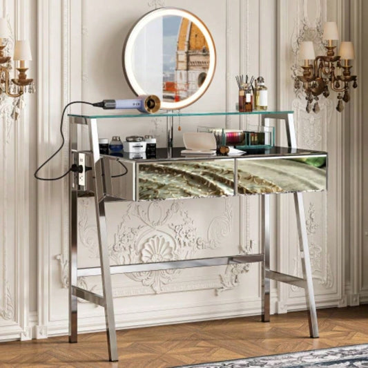33.9 Mirrored Makeup Vanity Desk with Mirror and Lights, Mirrored Console Vanity Table with 2 Big Drawers Open Shelf, Dressing Table with Charging Station Bedroom, Silver