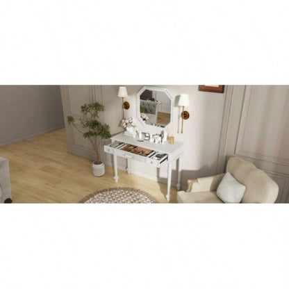 Retro Makeup Desk with Large Mirror, 3 - Drawer Dressing Table Jewelry Storage, Elegant Console Table Bedroom, Living Room, Hallway Foyer, White