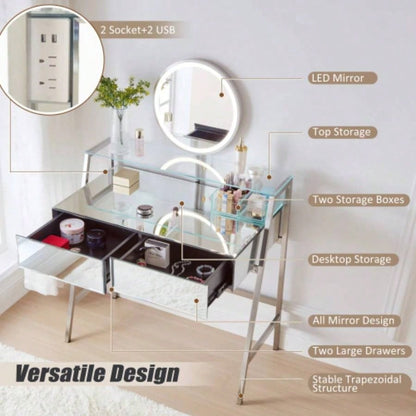 33.9 Mirrored Makeup Vanity Desk with Mirror and Lights, Mirrored Console Vanity Table with 2 Big Drawers Open Shelf, Dressing Table with Charging Station Bedroom, Silver