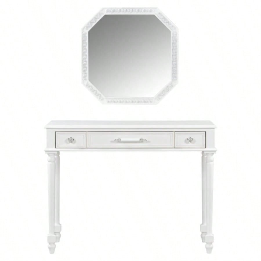 Retro Makeup Desk with Large Mirror, 3 - Drawer Dressing Table Jewelry Storage, Elegant Console Table Bedroom, Living Room, Hallway Foyer, White
