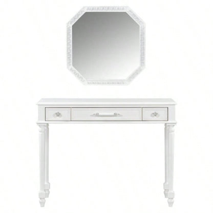 Retro Makeup Desk with Large Mirror, 3 - Drawer Dressing Table Jewelry Storage, Elegant Console Table Bedroom, Living Room, Hallway Foyer, White