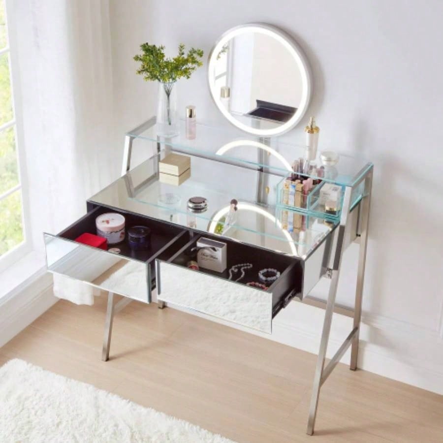 33.9 Mirrored Makeup Vanity Desk with Mirror and Lights, Mirrored Console Vanity Table with 2 Big Drawers Open Shelf, Dressing Table with Charging Station Bedroom, Silver