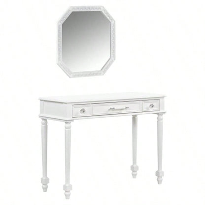 Retro Makeup Desk with Large Mirror, 3 - Drawer Dressing Table Jewelry Storage, Elegant Console Table Bedroom, Living Room, Hallway Foyer, White