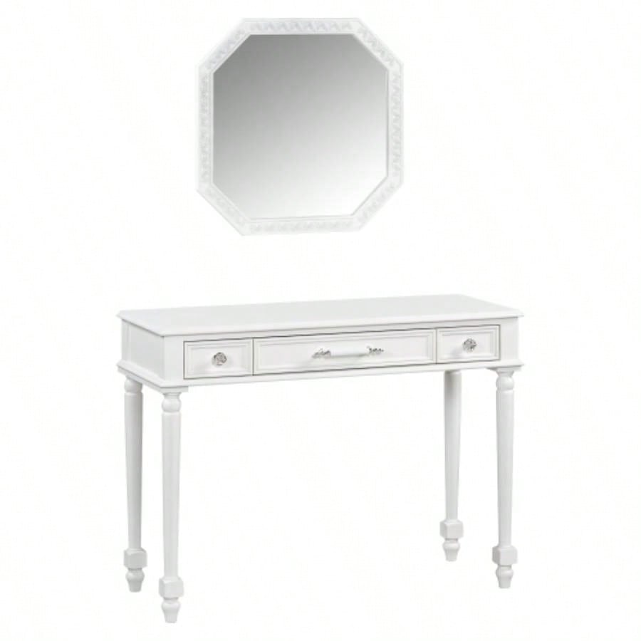 Retro Makeup Desk with Large Mirror, 3 - Drawer Dressing Table Jewelry Storage, Elegant Console Table Bedroom, Living Room, Hallway Foyer, White